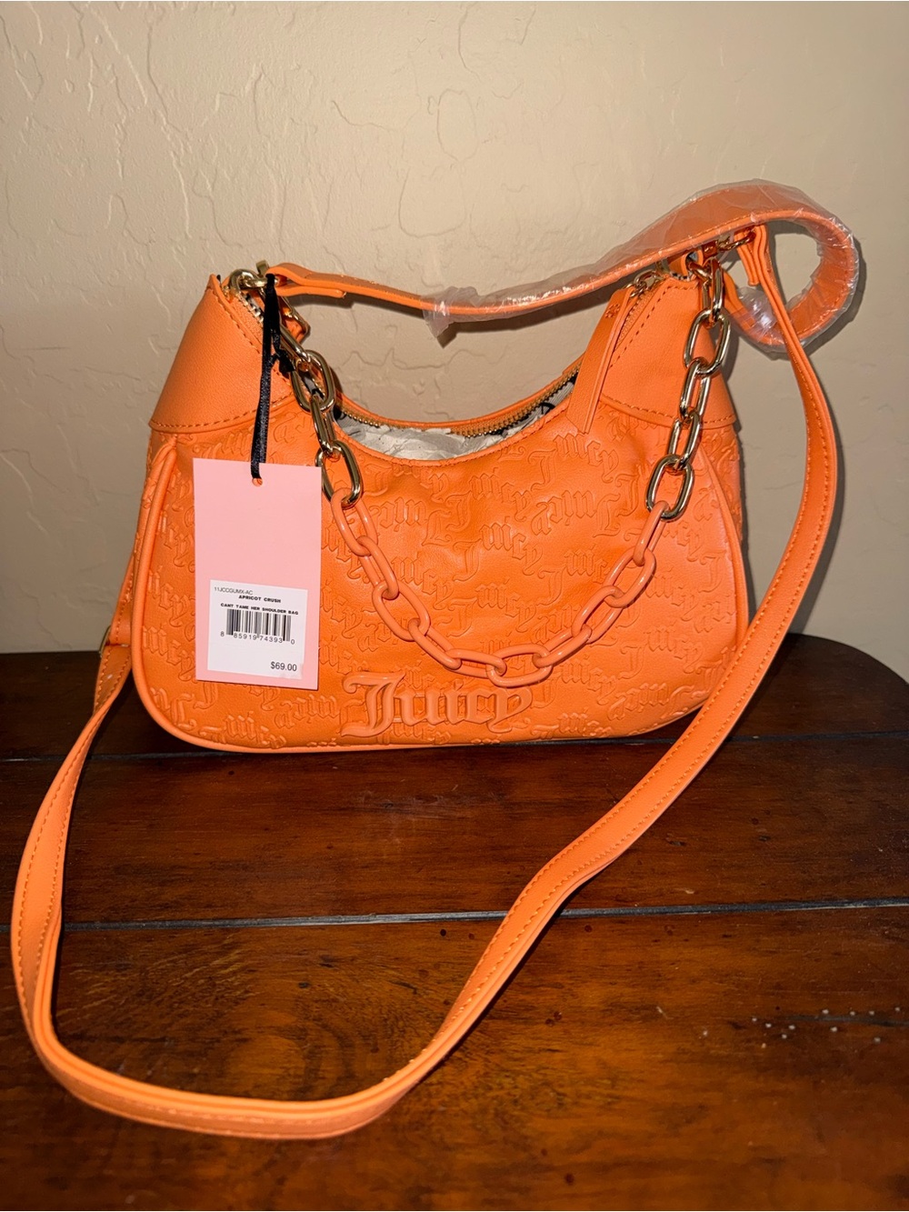 NWT Juicy Couture Apricot Embossed Chain-Accent Shoulder Bag